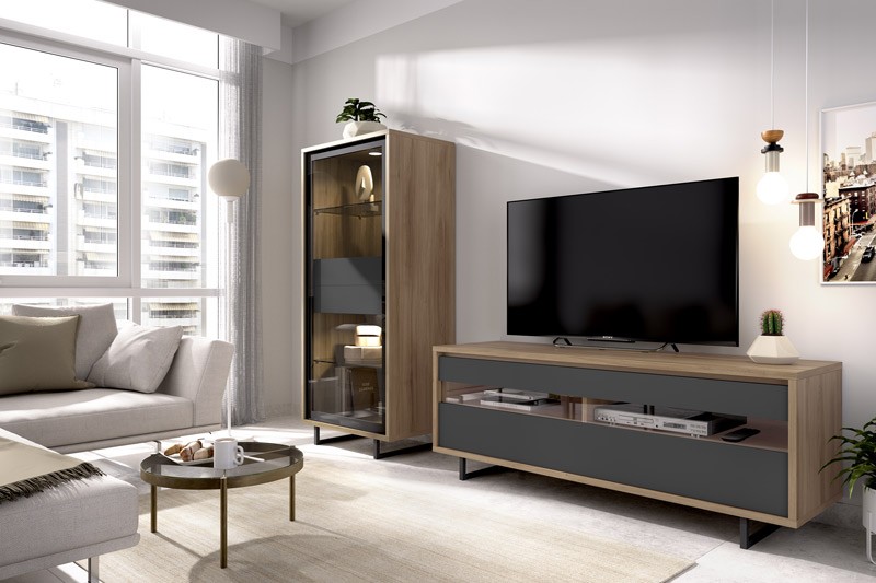 Salón moderno con módulo televisión, módulo vertical con puerta y estante  Ref YD36