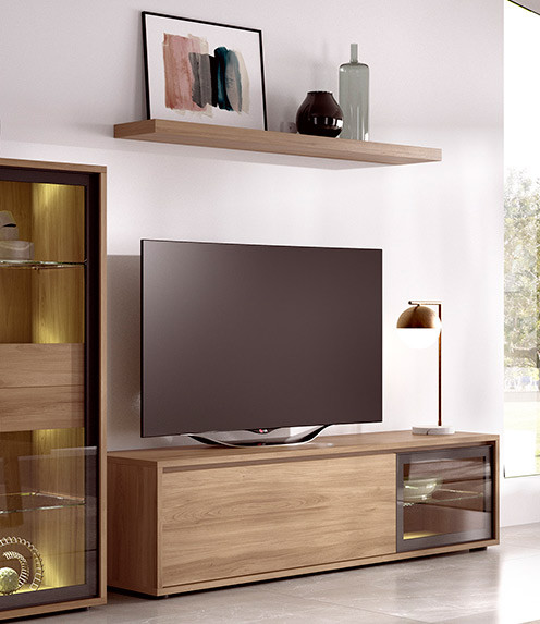Salón moderno con módulo televisión, vitrina y estante Ref YD05
